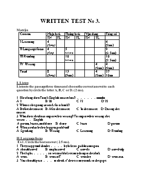 Ma trận và đề kiểm tra số 3 Tiếng anh lớp 7 (Có đáp án)